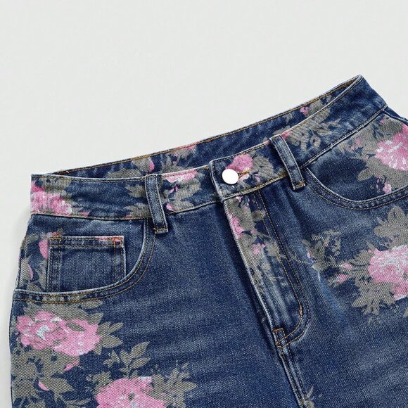 Blue Casual Women's Floral Print Washed Loose Baggy Flared Jeans - Picture 4 of 5